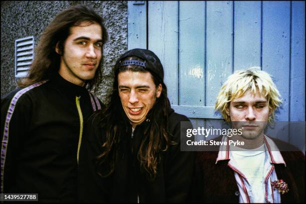 American rock group Nirvana, Belfast, 1992. Left to right: bassist Krist Novoselic, drummer Dave Grohl and guitarist/singer Kurt Cobain .