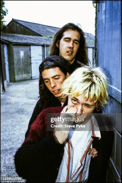 American rock group Nirvana, Belfast, 1992. Left to right: drummer Dave Grohl guitarist/singer Kurt Cobain and bassist Krist Novoselic,.