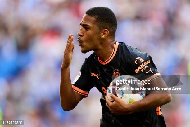 Samuel Lino of Valencia CF celebrates after scoring goal during the LaLiga Santander match between Real Sociedad and Valencia CF at Reale Arena on...