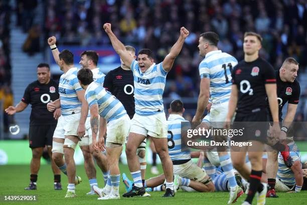 Ignacio Ruiz of Argentina celebrates their side's win after the final whistle of the Autumn International match between England and Argentina at...