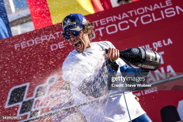 Alex Rins of Spain and Team SUZUKI ECSTAR celebrates his win and the last victory for the Suzuki Team during the race of the MotoGP Gran Premio Motul...