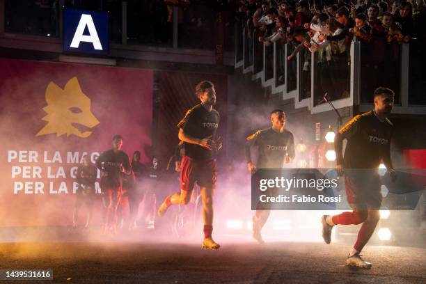 Roma players warm-up prior the Serie A match between AS Roma and SS Lazio at Stadio Olimpico on November 06, 2022 in Rome, Italy.