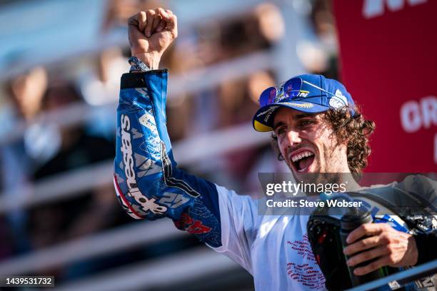 Alex Rins of Spain and Team SUZUKI ECSTAR enters the podium after his race victory during the race of the MotoGP Gran Premio Motul de la Comunitat...