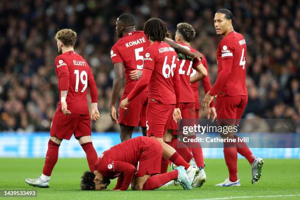 Mohamed Salah of Liverpool celebrates after scoring their team's first goal during the Premier League match between Tottenham Hotspur and Liverpool...