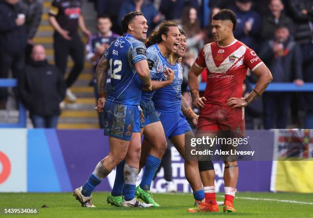 Brian To’o of Samoa celebrates their sides third try during the Rugby League World Cup Quarter Final match between Tonga and Samoa at The Halliwell...