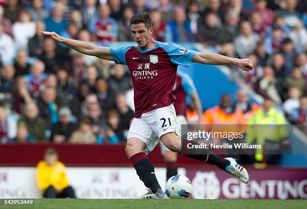 Ciaran Clark of Aston Villa scores a goal during the Barclays Premier League match between Aston Villa and Tottenham Hotspur at Villa Park on May 6,...