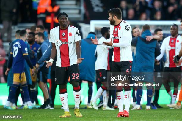 Southampton's Mohammed Salisu and Duje Caleta-Car appear to be arguing with each other at the final whistle during the Premier League match between...