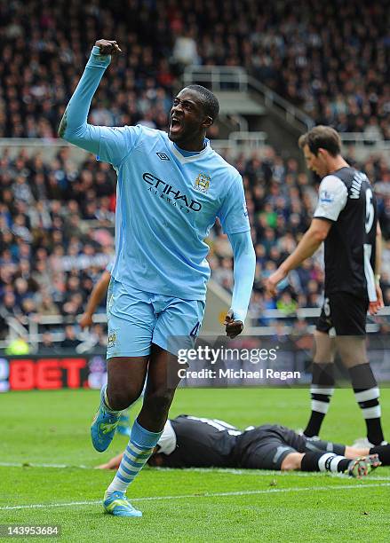 Yaya Toure of Manchester City celebrates scoring to make it 2-0 during the Barclays Premier League match between Newcastle United and Manchester City...