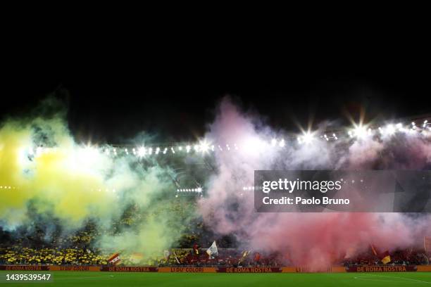 General view as fans of AS Roma use smoke flares prior to kick off of the Serie A match between AS Roma and SS Lazio at Stadio Olimpico on November...