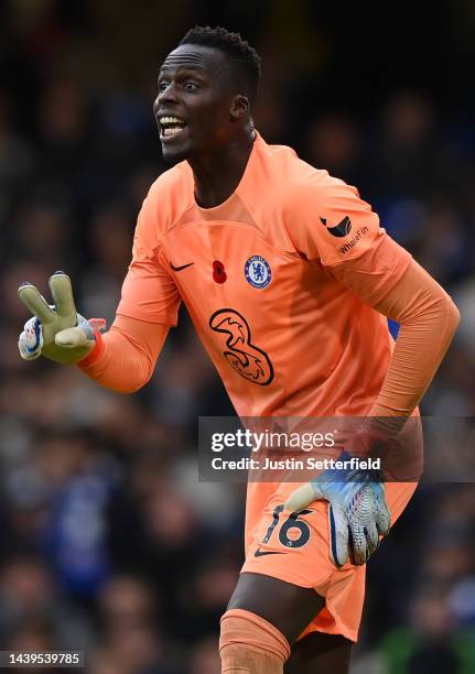 Edouard Mendy of Chelsea reacts during the Premier League match between Chelsea FC and Arsenal FC at Stamford Bridge on November 06, 2022 in London,...