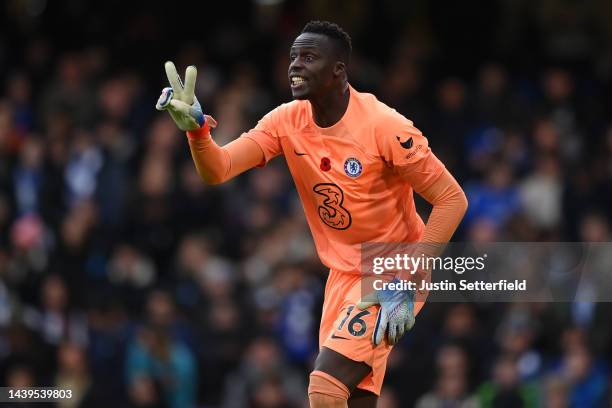 Edouard Mendy of Chelsea reacts during the Premier League match between Chelsea FC and Arsenal FC at Stamford Bridge on November 06, 2022 in London,...