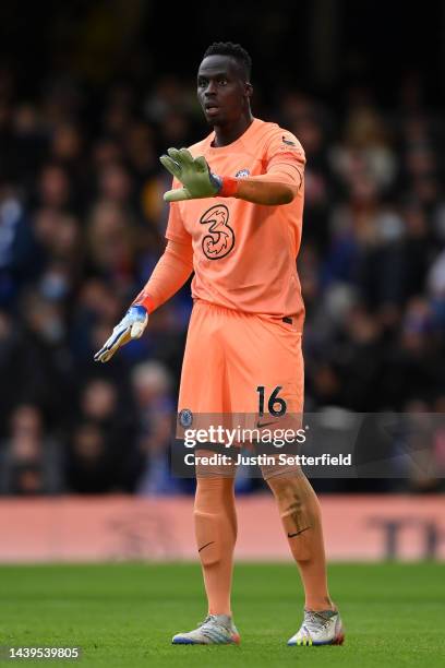 Edouard Mendy of Chelsea reacts during the Premier League match between Chelsea FC and Arsenal FC at Stamford Bridge on November 06, 2022 in London,...