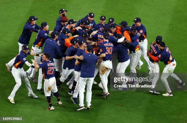 The Houston Astros celebrate after defeating the Philadelphia Phillies 4-1 to win the 2022 World Series in Game Six of the 2022 World Series at...