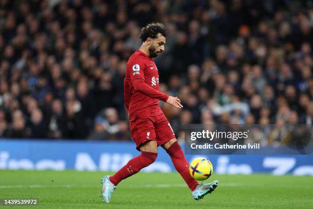 Mohamed Salah of Liverpool scores their team's second goal during the Premier League match between Tottenham Hotspur and Liverpool FC at Tottenham...