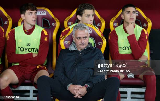 Jose Mourinho, Head Coach of AS Roma, looks on prior to kick off of the Serie A match between AS Roma and SS Lazio at Stadio Olimpico on November 06,...