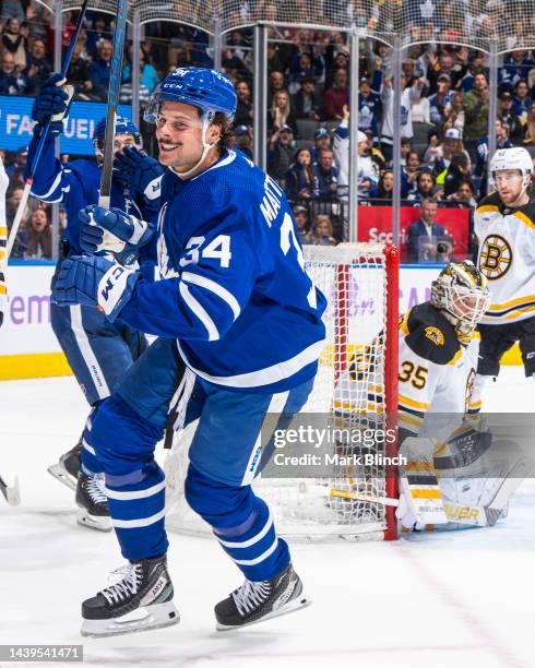 Auston Matthews of the Toronto Maple Leafs celebrates his goal against the Boston Bruins during the first period at the Scotiabank Arena on November...