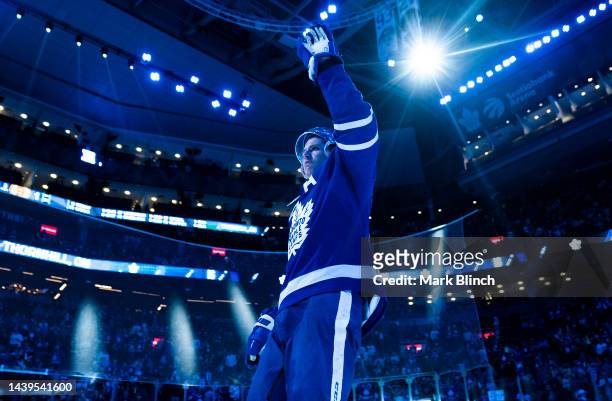 Mitchell Marner of the Toronto Maple Leafs salutes the crowd during the three stars presentation after defeating the Boston Bruins at the Scotiabank...