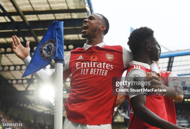 Gabriel celebrates scoring for Arsenal during the Premier League match between Chelsea FC and Arsenal FC at Stamford Bridge on November 06, 2022 in...