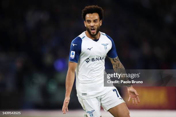 Felipe Anderson of SS Lazio celebrates scoring their side's first goal during the Serie A match between AS Roma and SS Lazio at Stadio Olimpico on...