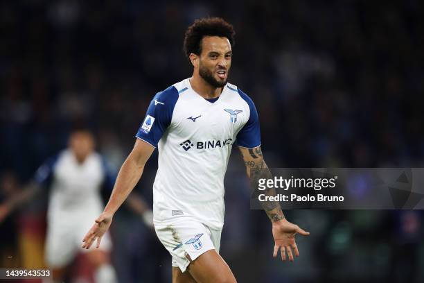 Felipe Anderson of SS Lazio celebrates scoring their side's first goal during the Serie A match between AS Roma and SS Lazio at Stadio Olimpico on...