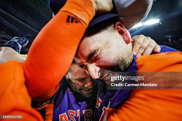 Jose Altuve and Jose Urquidy of the Houston Astros embrace after defeating the Philadelphia Phillies to win the World Series in Game Six at Minute...