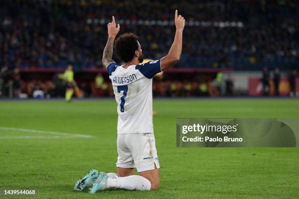 Felipe Anderson of SS Lazio celebrates scoring their side's first goal during the Serie A match between AS Roma and SS Lazio at Stadio Olimpico on...