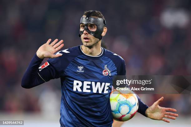 Ellyes Skhiri of 1.FC Koln reacts during the Bundesliga match between Sport-Club Freiburg and 1. FC Köln at Europa-Park Stadion on November 06, 2022...