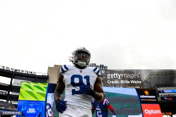 Yannick Ngakoue of the Indianapolis Colts looks on before a game against the New England Patriots at Gillette Stadium on November 06, 2022 in...