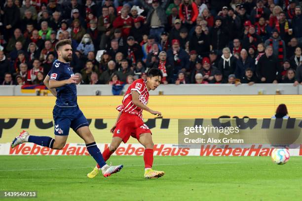 Jeong Woo-Yeong of SC Freiburg scores their side's first goal during the Bundesliga match between Sport-Club Freiburg and 1. FC Köln at Europa-Park...