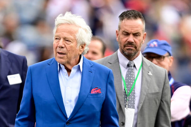 Robert Kraft owner of the New England Patriots looks on before a game against the Indianapolis Colts at Gillette Stadium on November 06, 2022 in...