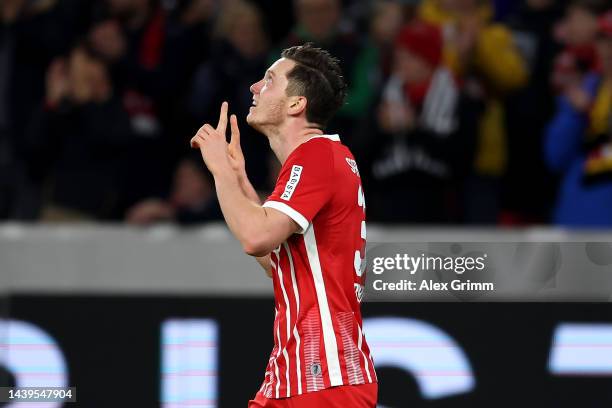 Michael Gregoritsch of SC Freiburg celebrates scoring their side's second goal during the Bundesliga match between Sport-Club Freiburg and 1. FC Köln...