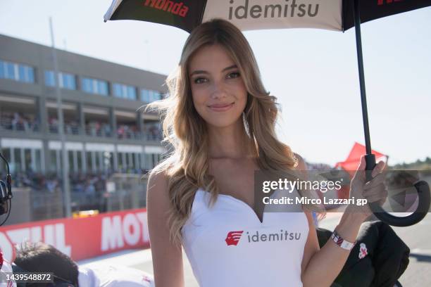 Grid girl smiles on grid during the MotoGP race during the MotoGP of Comunitat Valenciana - Race at Ricardo Tormo Circuit on November 06, 2022 in...