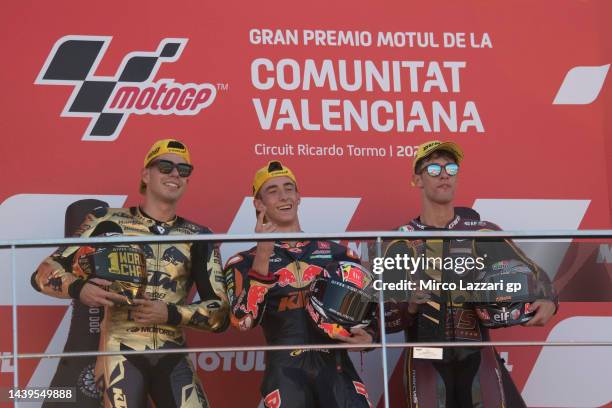 Augusto Fernandez of Spain and Red Bull KTM Team Ajo, Pedro Acosta of Spain and Red Bull KTM Team Ajo and Tony Arbolino of Italy and Elf Marc VDS...