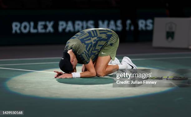 Holger Rune or Denmark celebrates defeating Novak Djokovic of Serbia in the final during Day Seven of the Rolex Paris Masters tennis at Palais...