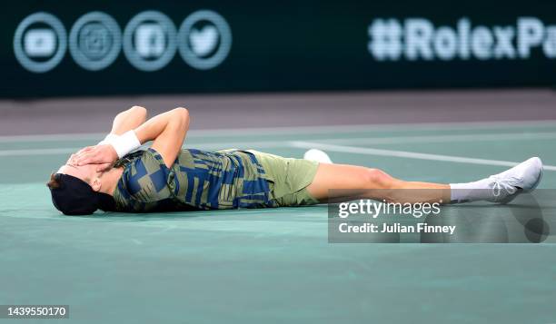 Holger Rune or Denmark celebrates defeating Novak Djokovic of Serbia in the final during Day Seven of the Rolex Paris Masters tennis at Palais...