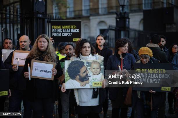 Mona Seif , sister of Alaa Abd el-Fattah, leads a candlelight vigil outside Downing Street on November 06, 2022 in London, England. Amnesty...