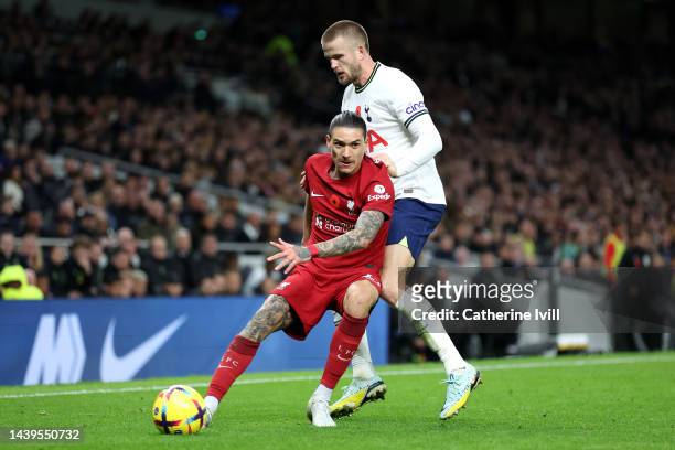 Darwin Nunez of Liverpool is challenged by Eric Dier of Tottenham Hotspur during the Premier League match between Tottenham Hotspur and Liverpool FC...