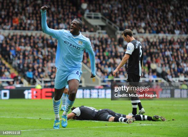 Yaya Toure of Manchester City celebrates scoring to make it 2-0 during the Barclays Premier League match between Newcastle United and Manchester City...