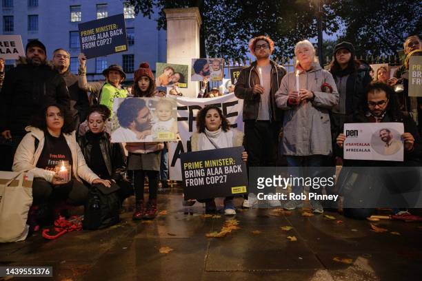 Supporters of Alaa Abd el-Fattah hold a candlelight vigil outside Downing Street on November 06, 2022 in London, England. Amnesty International...