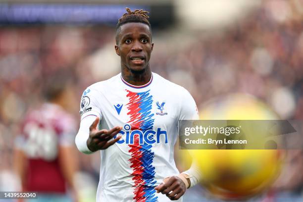 Wilfried Zaha of Crystal Palace reacts during the Premier League match between West Ham United and Crystal Palace at London Stadium on November 06,...