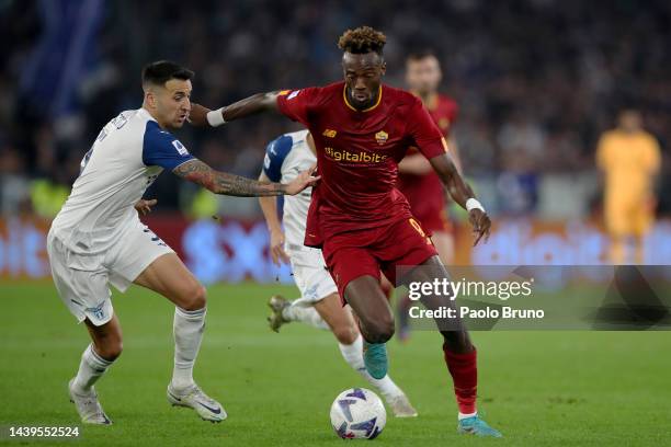 Nicolo Casale of SS Lazio challenges Tammy Abraham of AS Roma during the Serie A match between AS Roma and SS Lazio at Stadio Olimpico on November...