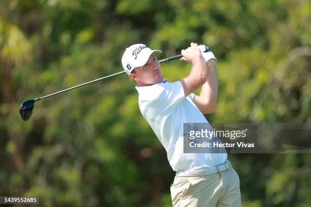 Russell Henley of United States plays his shot from the second tee during the final round of the World Wide Technology Championship at Club de Golf...