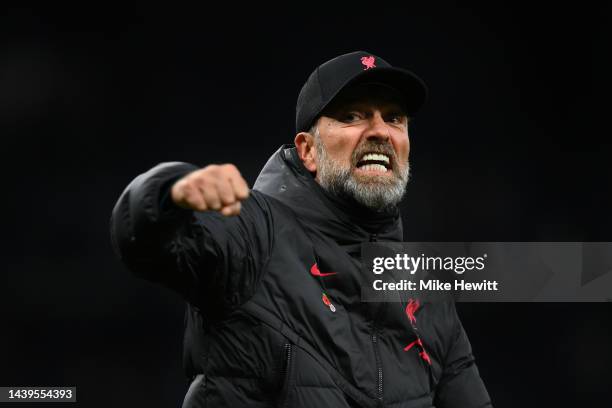 Juergen Klopp, Manager of Liverpool celebrates with the fans after their sides victory during the Premier League match between Tottenham Hotspur and...