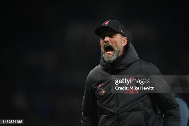 Juergen Klopp, Manager of Liverpool celebrates with the fans after their sides victory during the Premier League match between Tottenham Hotspur and...