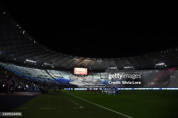 The fans of SS Lazio presenting their choreografy during the Serie A match between AS Roma and SS Lazio at Stadio Olimpico on November 06, 2022 in...