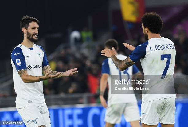 Felipe Anderson of SS Lazio celebrates with teammate Luis Alberto after scoring goal 0-1 during the Serie A match between AS Roma and SS Lazio at...