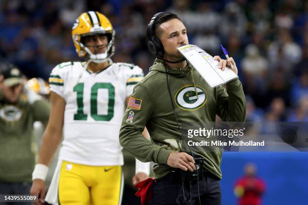 Head coach Matt LaFleur of the Green Bay Packers looks during the first quarter of a game against the Detroit Lions at Ford Field on November 06,...