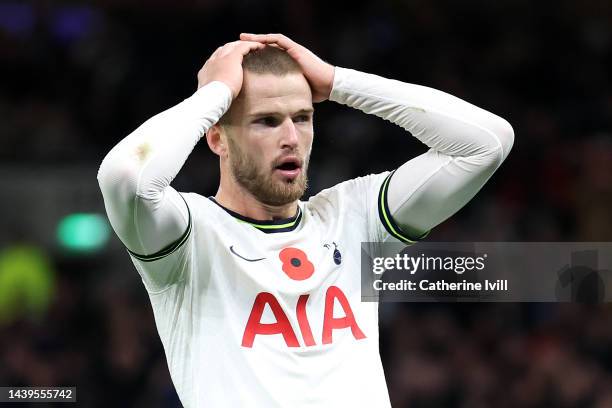 Eric Dier of Tottenham Hotspur reacts during the Premier League match between Tottenham Hotspur and Liverpool FC at Tottenham Hotspur Stadium on...