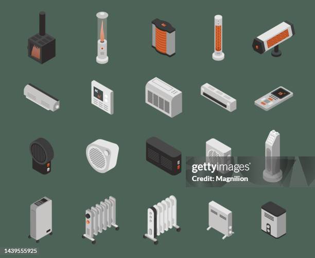 ilustraciones, imágenes clip art, dibujos animados e iconos de stock de dispositivo de calentamiento heators isometric set - electric heater