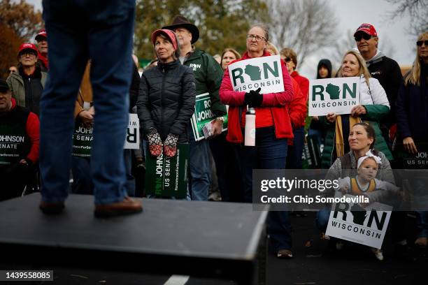 Sen. Ron Johnson talks to supporters during a campaign rally on November 06, 2022 in Madison, Wisconsin. Johnson is campaigning for re-election in a...